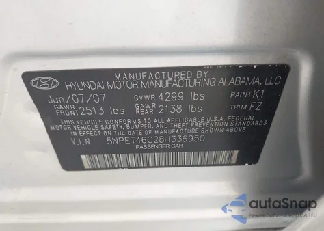 2008 Hyundai Sonata Gls z USA, uszkodzony, nr VIN 5NPET46C28H336950